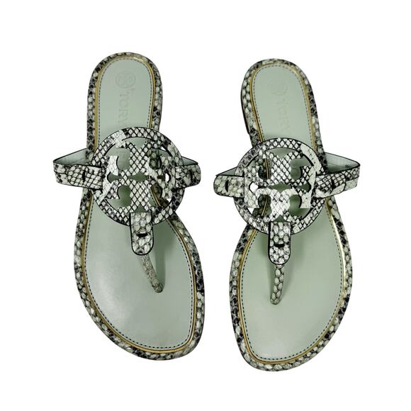 TORY BURCH Mint Green Reptile Snake Gold Metallic Metal Miller Sandals Size 7.5 - Picture 2 of 7